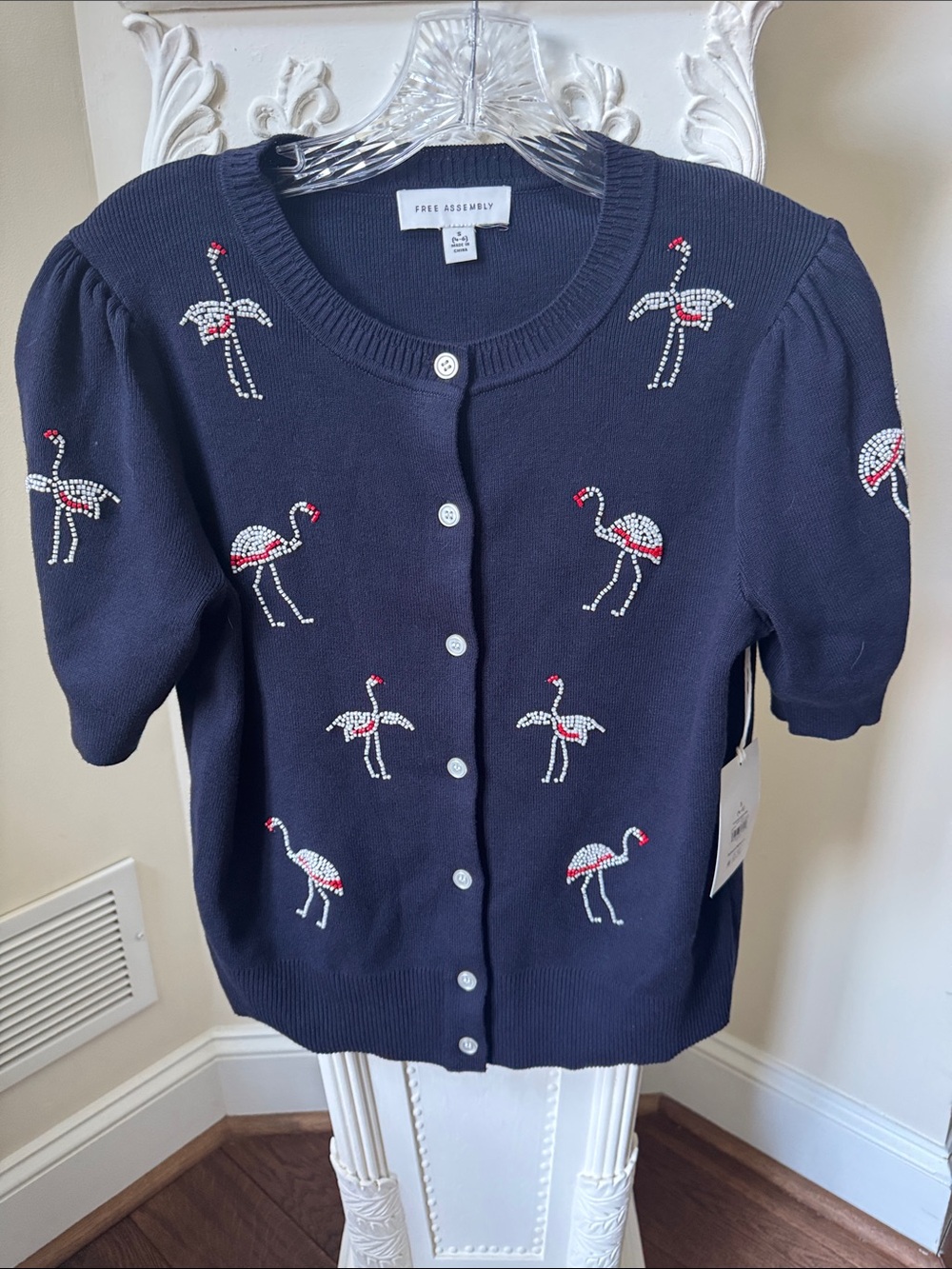 Free Assembly Navy Short-Sleeve Embellished Flamingo Cardigan